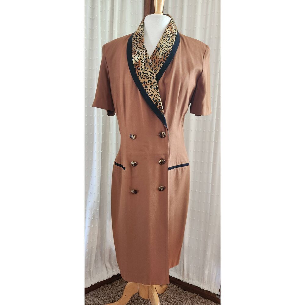 D22 Danny & Nicole Vintage Double Breasted Dress - Brown w Leopard Print Collar